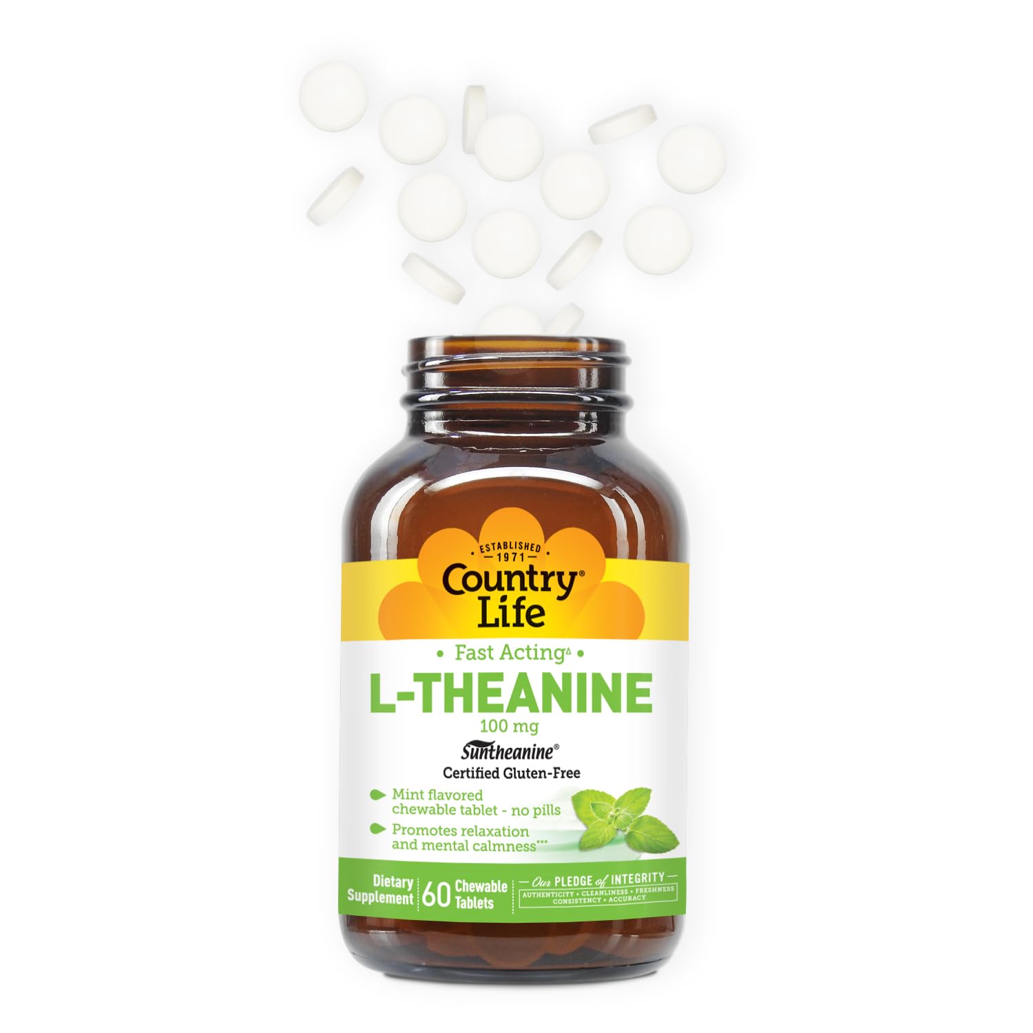 Certified gluten-free vegan halal labels on Country Life L-Theanine packaging