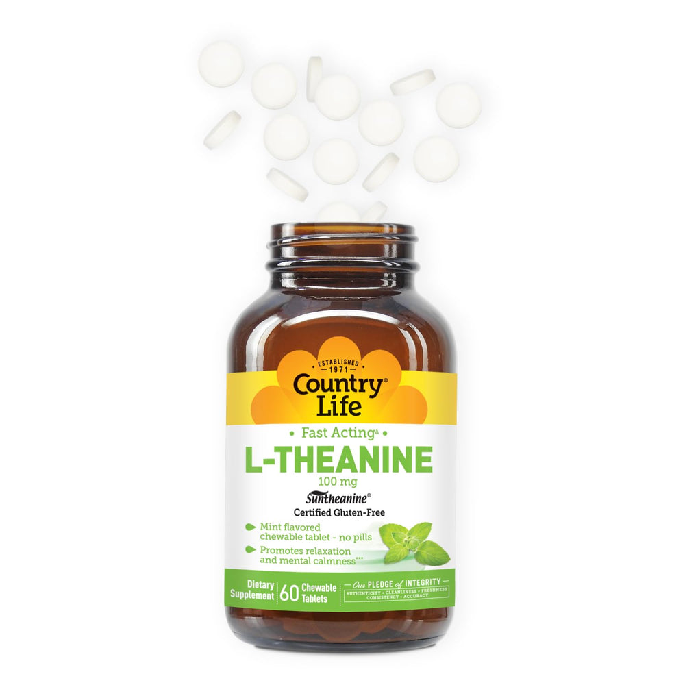 Certified gluten-free vegan halal labels on Country Life L-Theanine packaging
