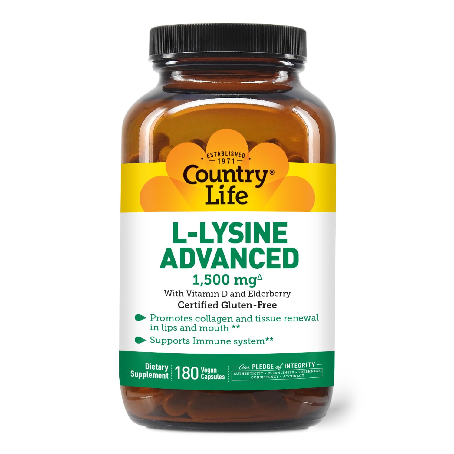 Country Life L-Lysine 1500mg Capsules with Vitamin D and Elderberry – Immune Support