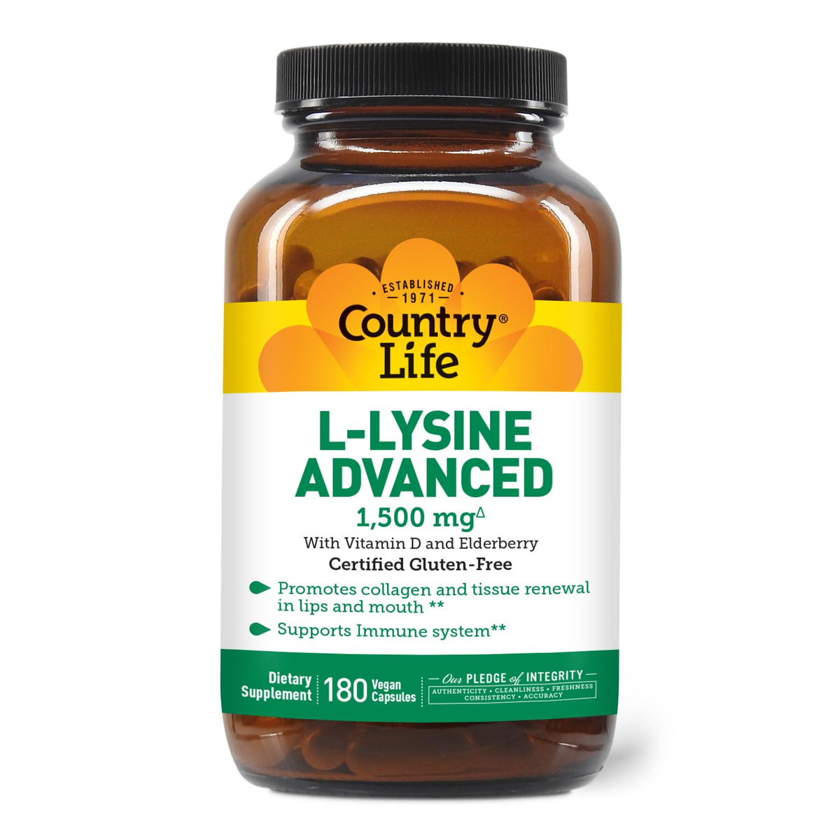 Country Life L-Lysine 1500mg Capsules with Vitamin D and Elderberry – Immune Support