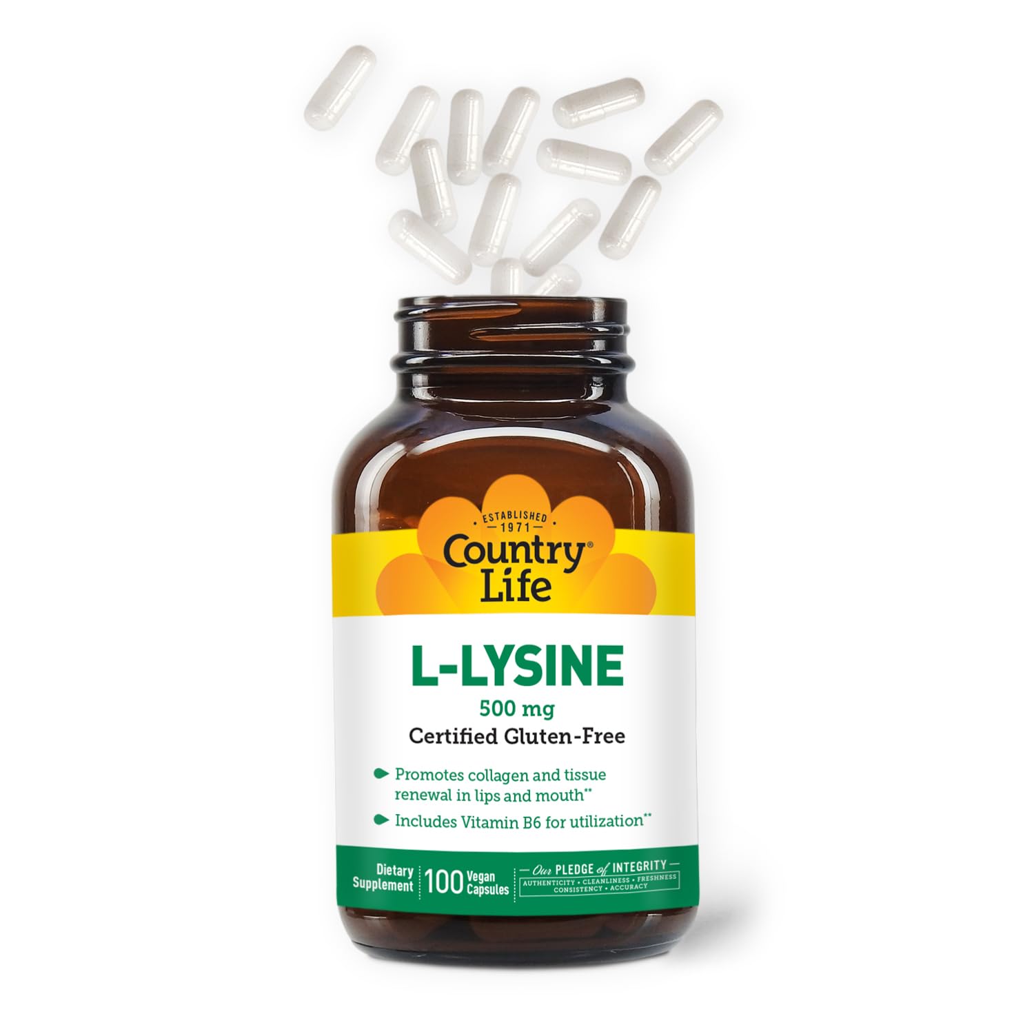 Country Life L-Lysine 500mg with B-6 bottle back label showing GFCO and AVA certifications