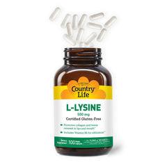 Country Life L-Lysine 500mg with B-6 bottle back label showing GFCO and AVA certifications