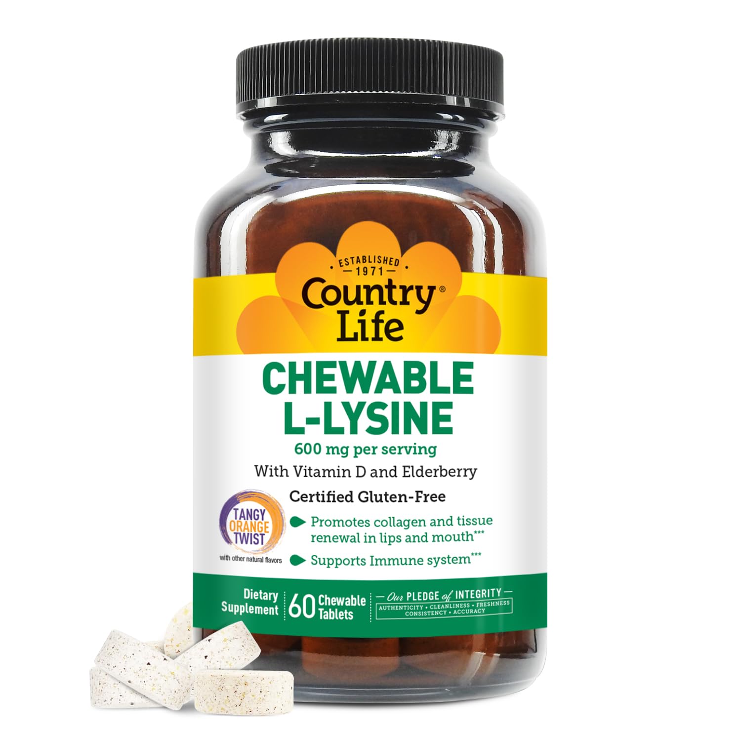 Front view of Country Life L-Lysine chewables bottle