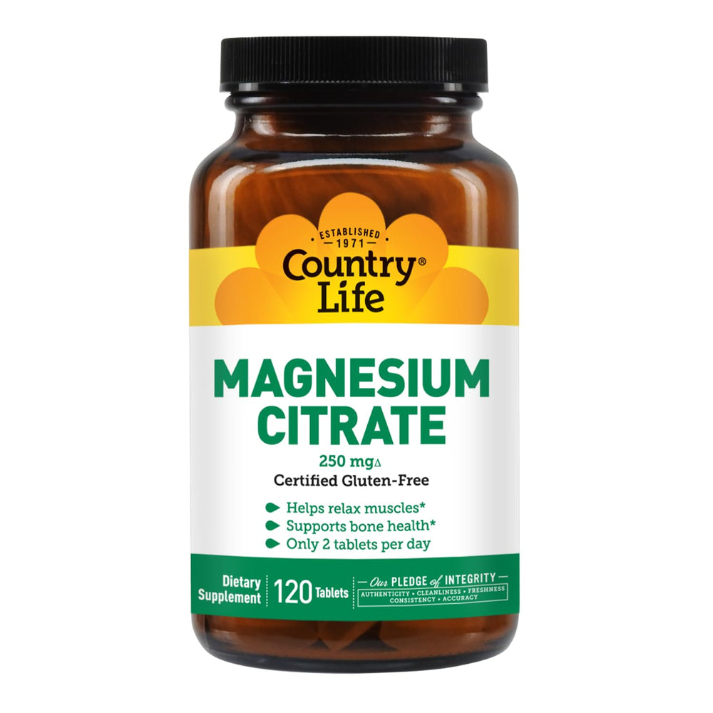 Country Life Magnesium Citrate 250mg capsules during gentle stretch illustrating muscle support.