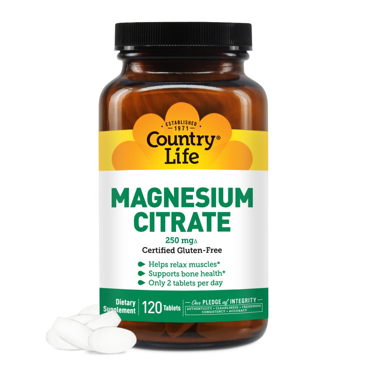 Country Life Magnesium Citrate 250mg tablets bottle for daily energy support.