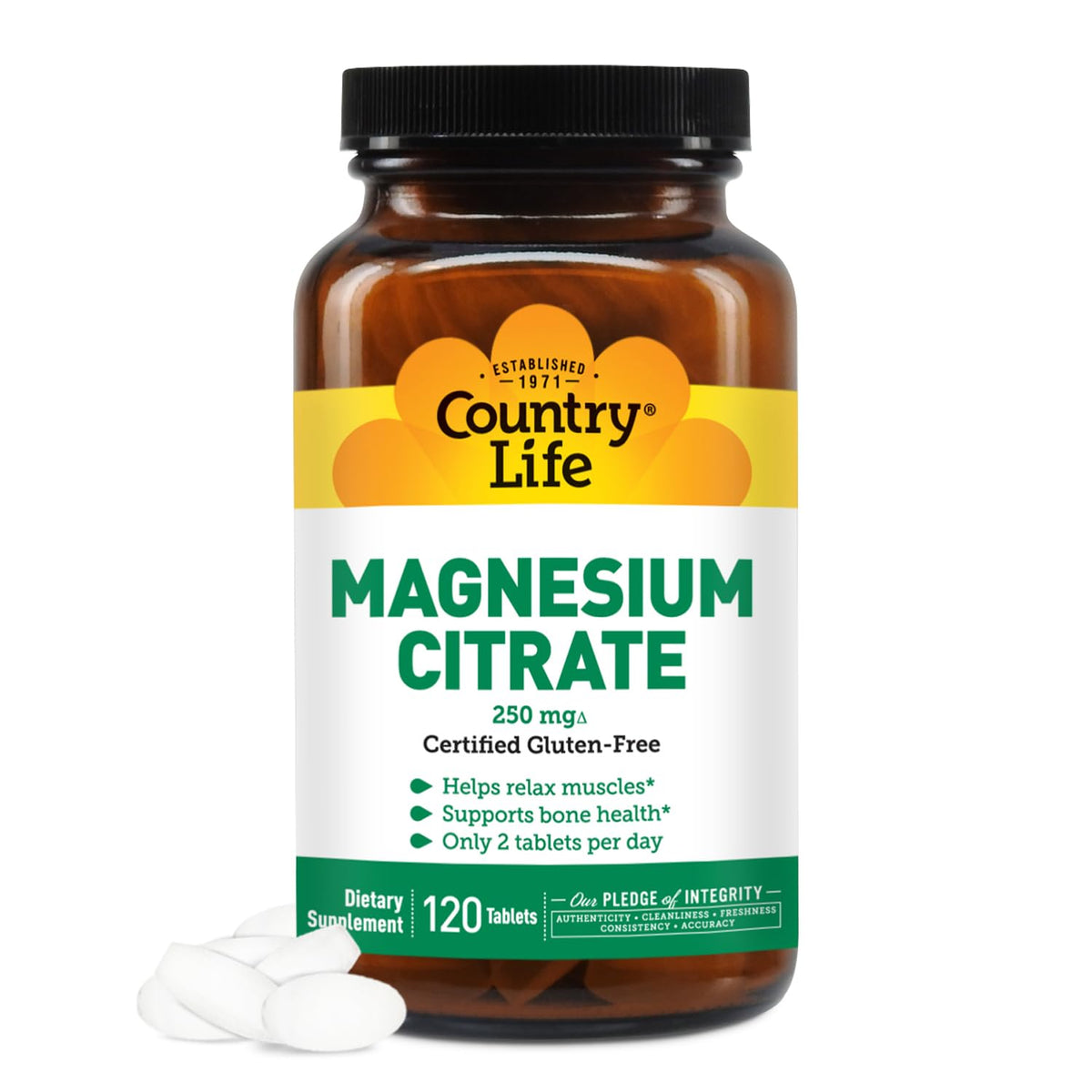 Country Life Magnesium Citrate 250mg tablets bottle for daily energy support.