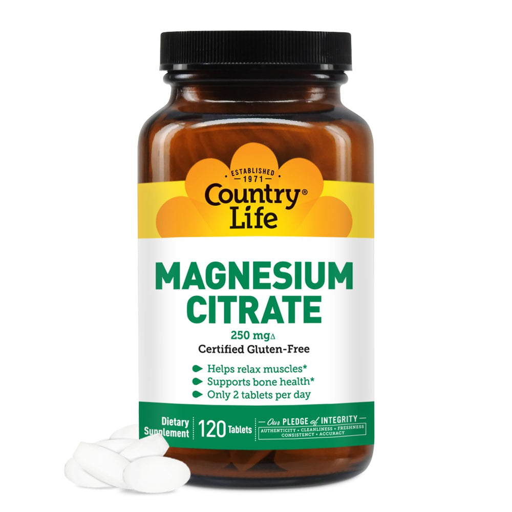 Country Life Magnesium Citrate 250mg tablets bottle for daily energy support.