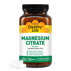 Country Life Magnesium Citrate 250mg tablets bottle for daily energy support.