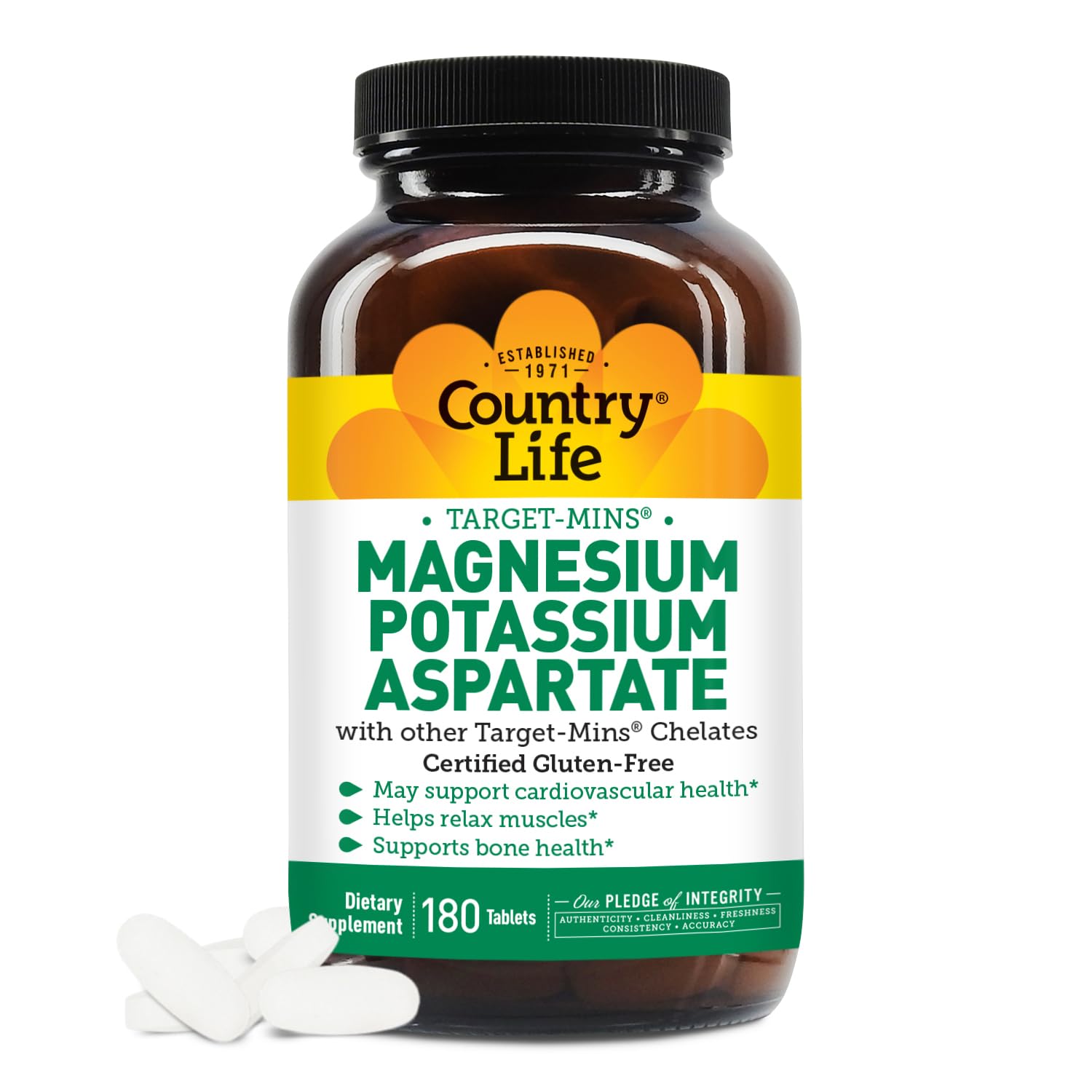 Country Life Magnesium and Potassium supplement bottle on white background