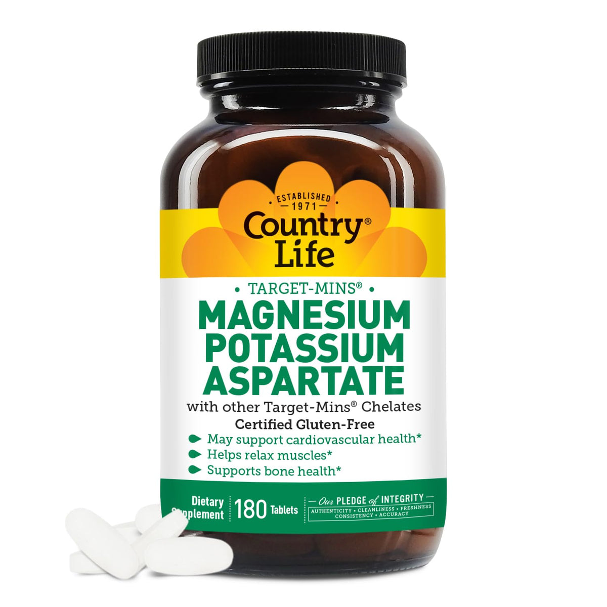 Country Life Magnesium and Potassium supplement bottle on white background