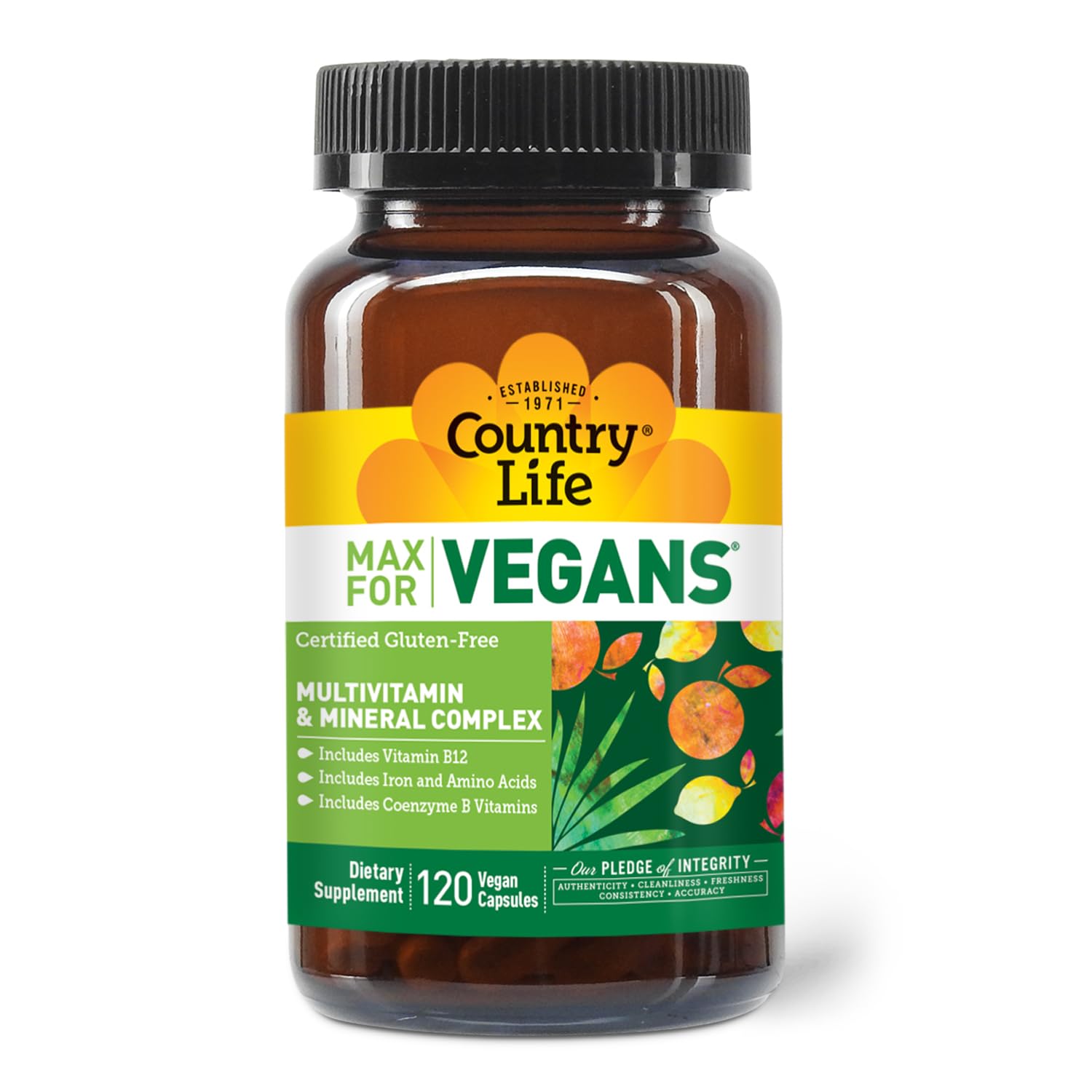 Close-up of the Country Life Max for Vegans label with product details.