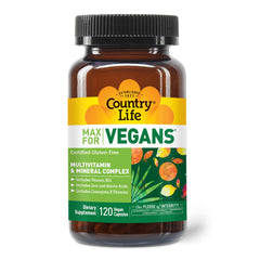 Close-up of the Country Life Max for Vegans label with product details.