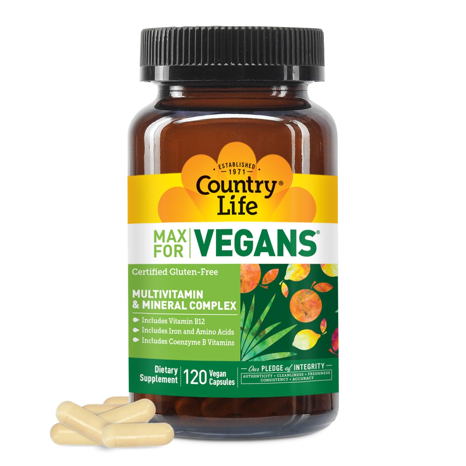 Front packaging view of Country Life Max for Vegans bottle with 120 vegan capsules.