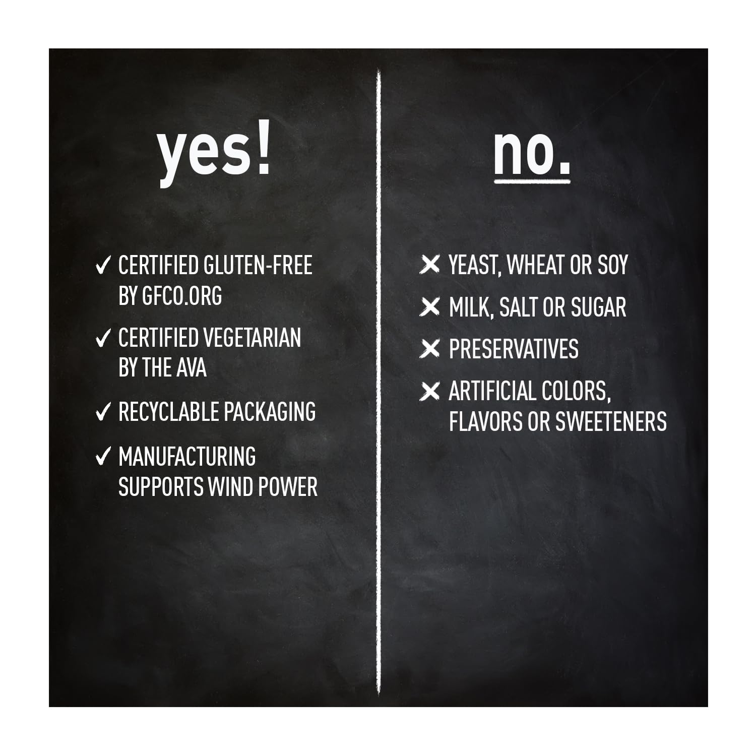 No GMOs, yeast, wheat, soy, milk, salt, sugar and artificial ingredients claim