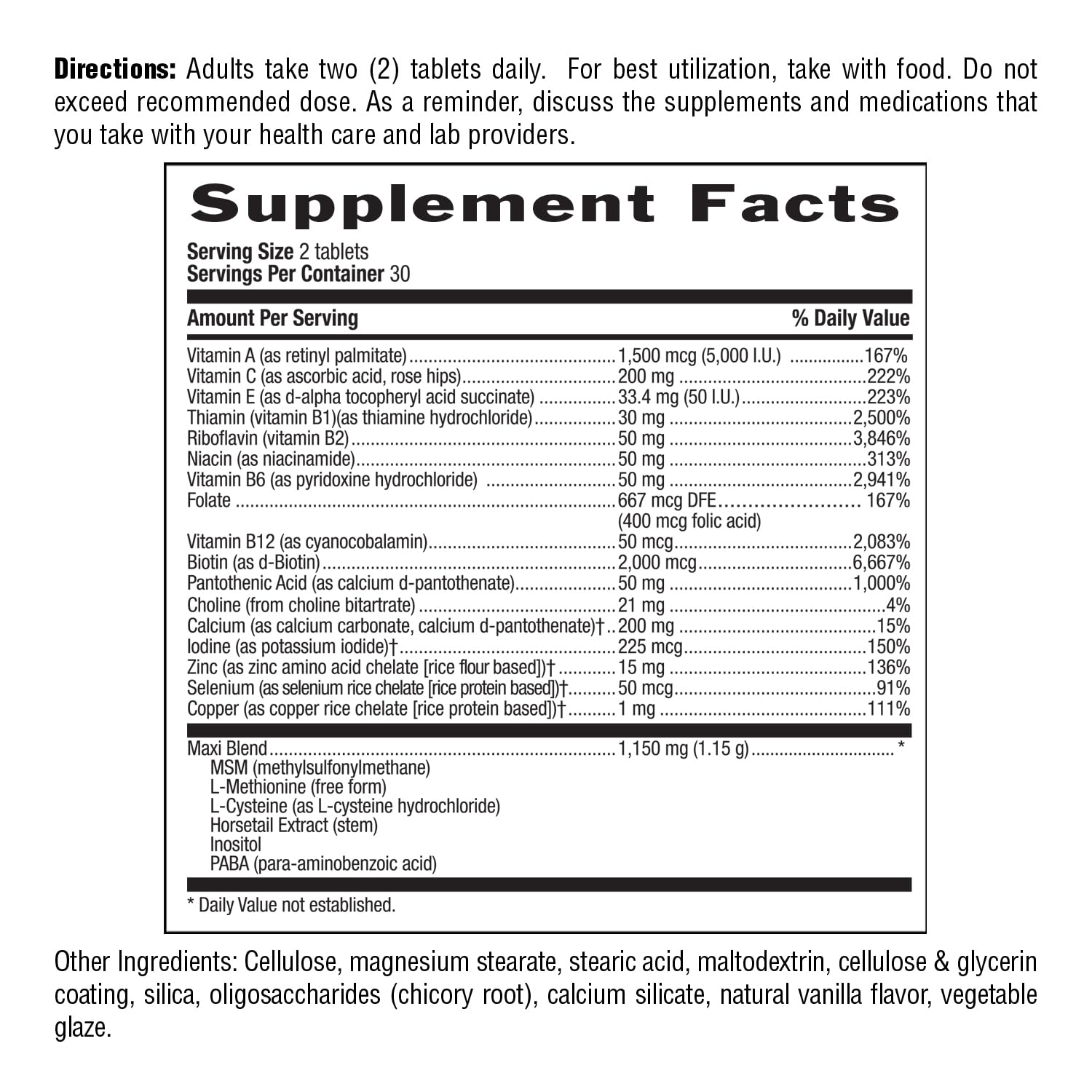 Nutrition facts panel for Maxi-Hair supplement