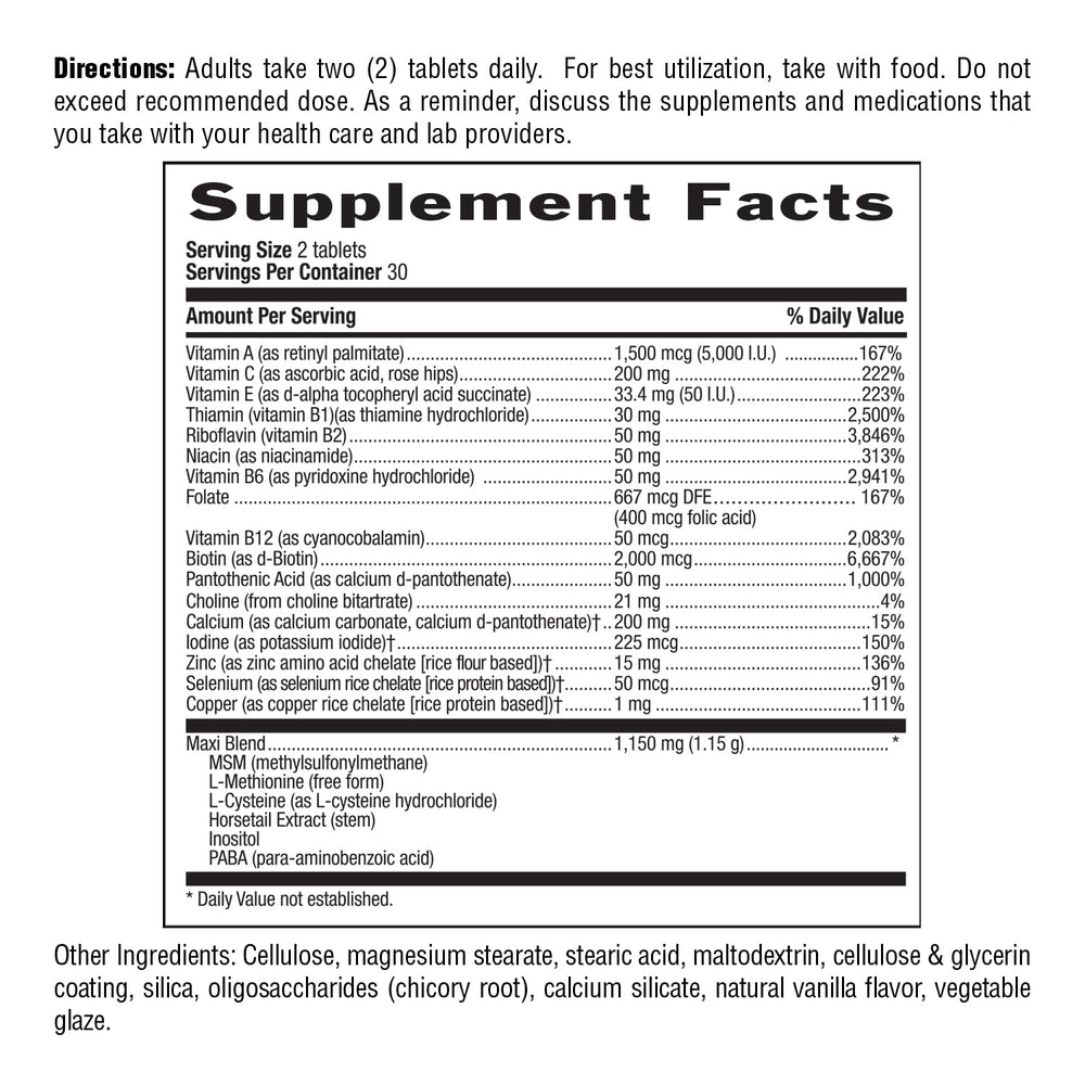 Nutrition facts panel for Maxi-Hair supplement