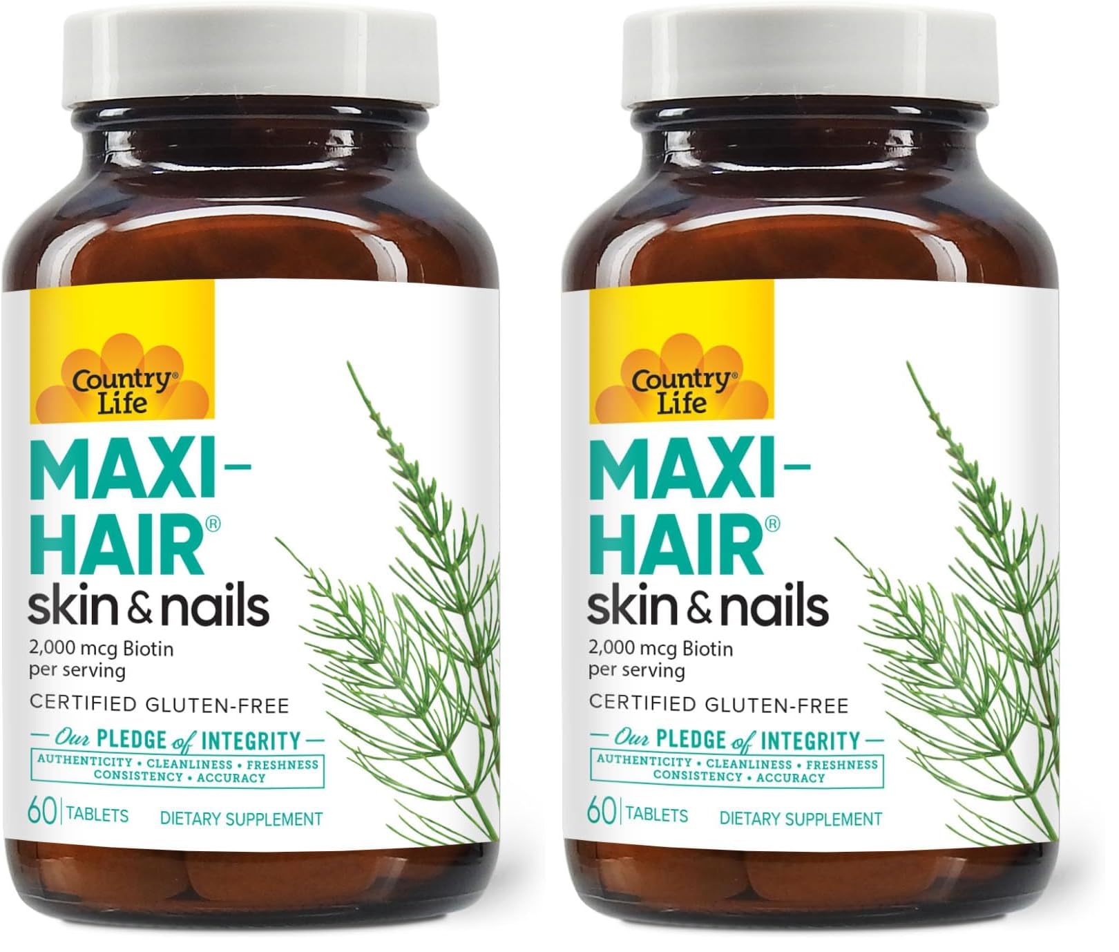 Country Life Maxi-Hair supplement bottle with 2000mcg Biotin label