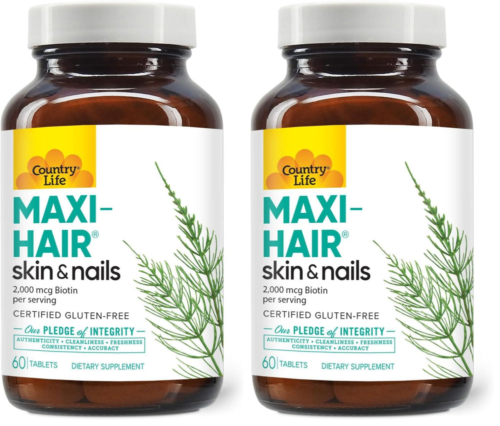 Country Life Maxi-Hair supplement bottle with 2000mcg Biotin label