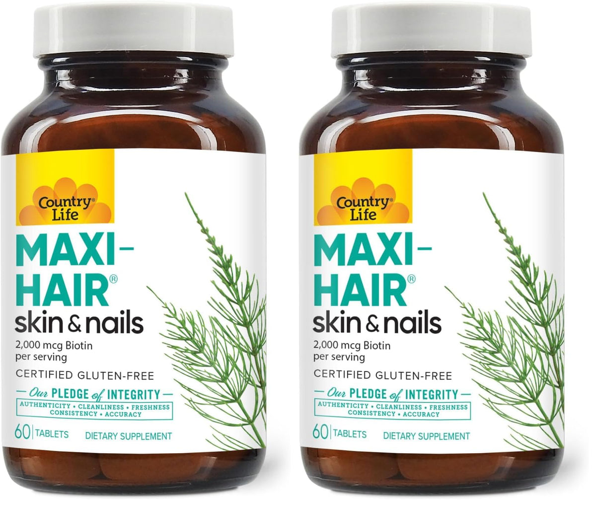 Country Life Maxi-Hair supplement bottle with 2000mcg Biotin label