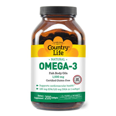 Country Life Omega-3 Fish Oil bottle label showing 1000mg per softgel with EPA and DHA.