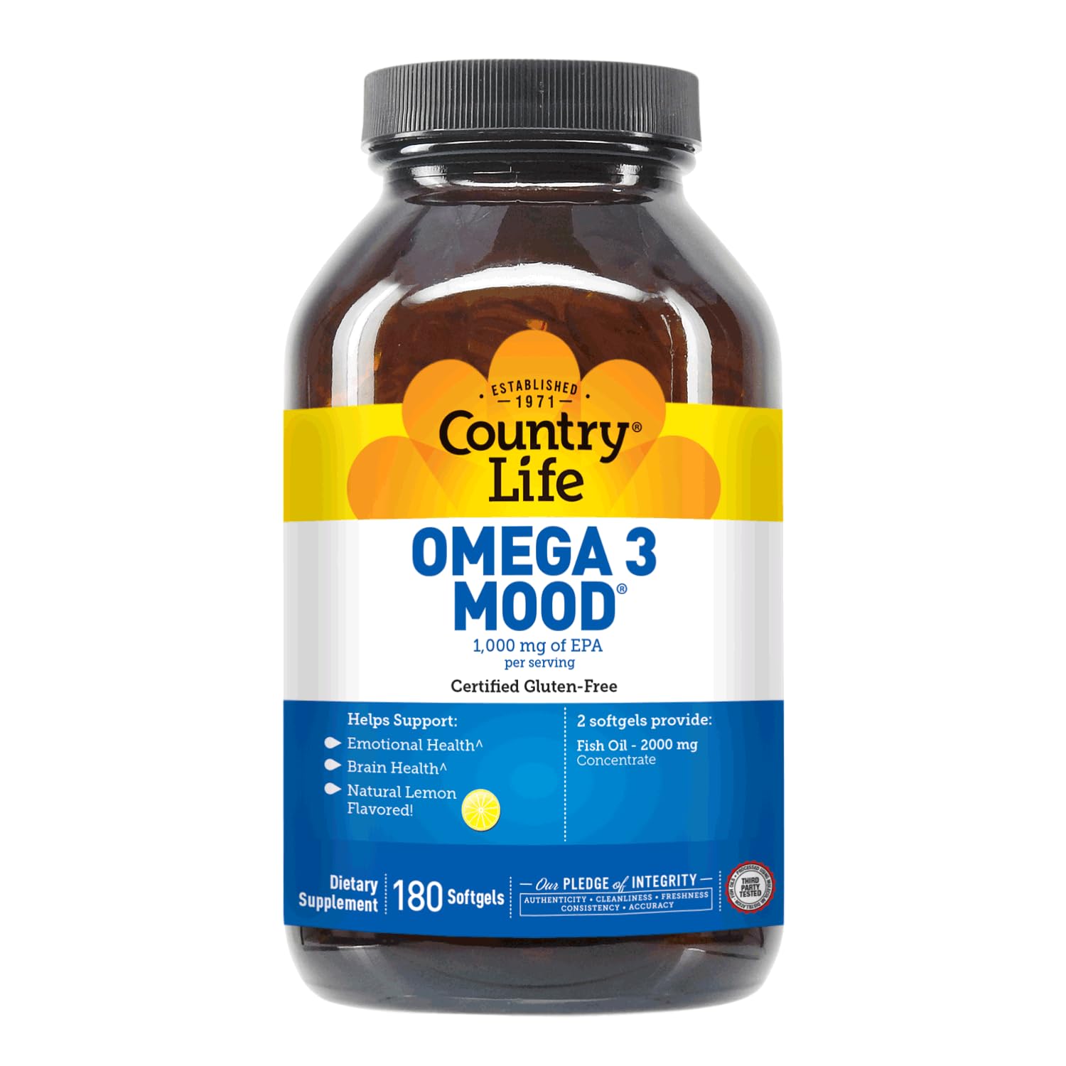 Nutrition facts panel for Country Life Omega-3 Fish Oil