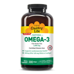 Country Life Omega-3 fish oil supplement bottle with 300 softgels