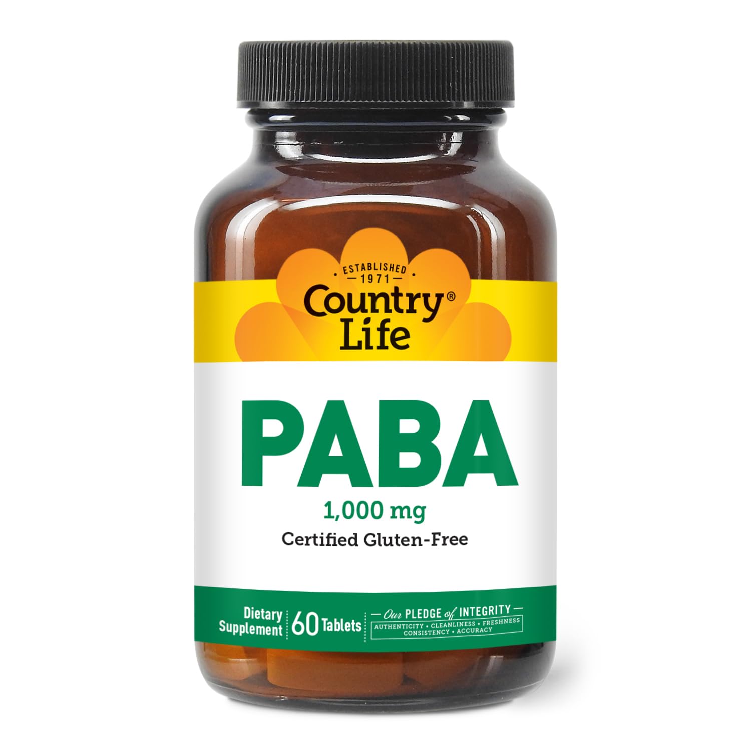 Front view of Country Life PABA 1000 mg, 60 count bottle