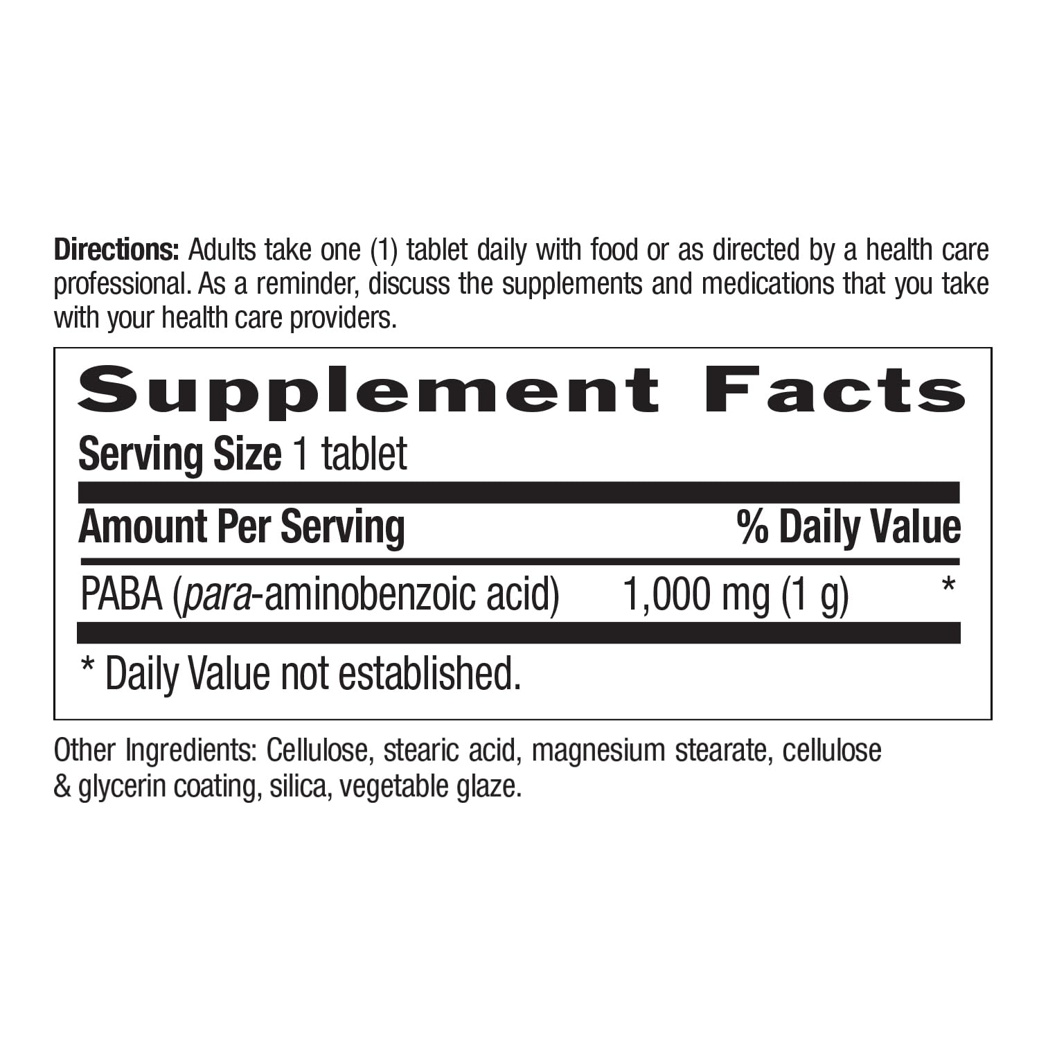 Country Life PABA 1000 mg bottle label showing ingredients