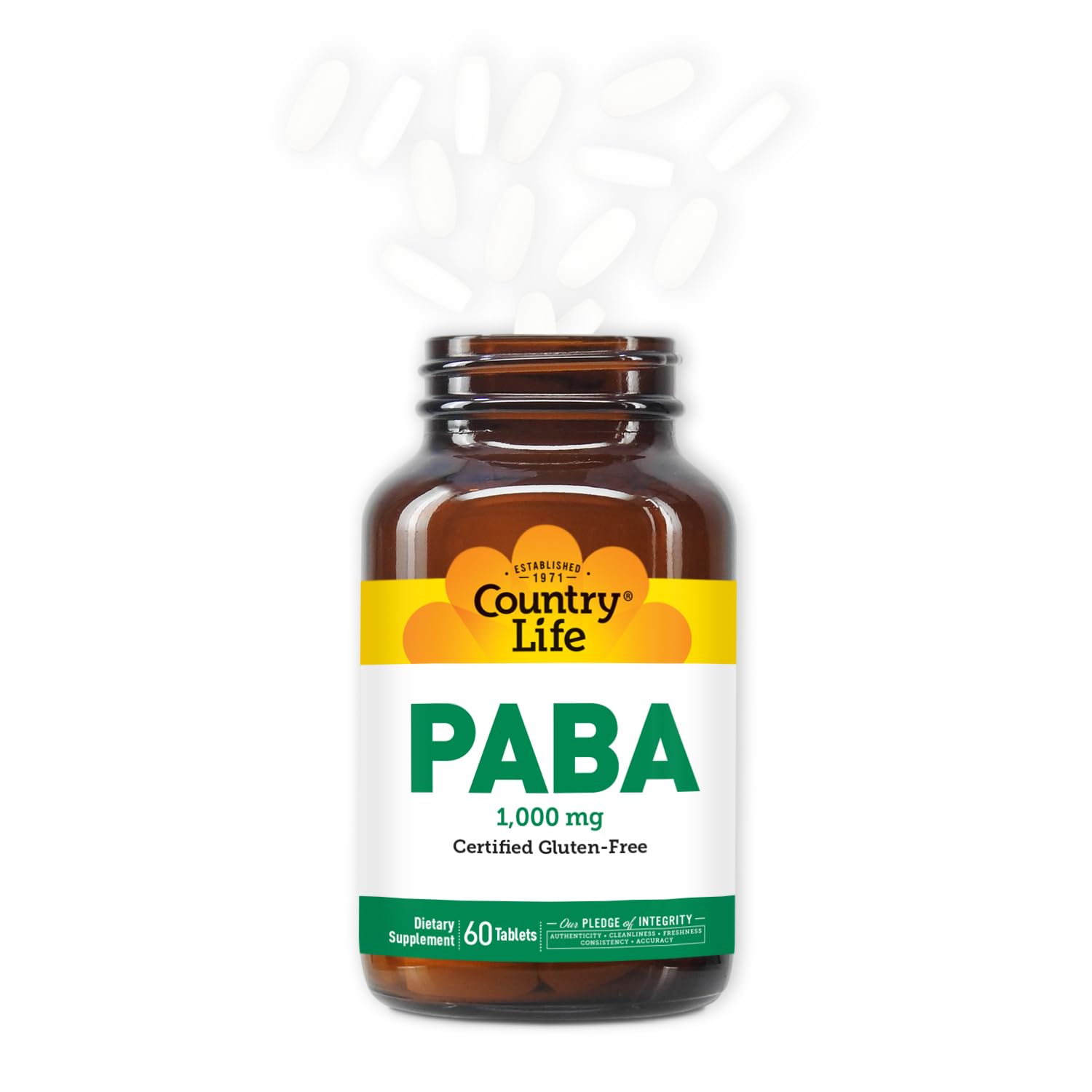Packaging and bottle shot for Country Life PABA 1000 mg 60-count