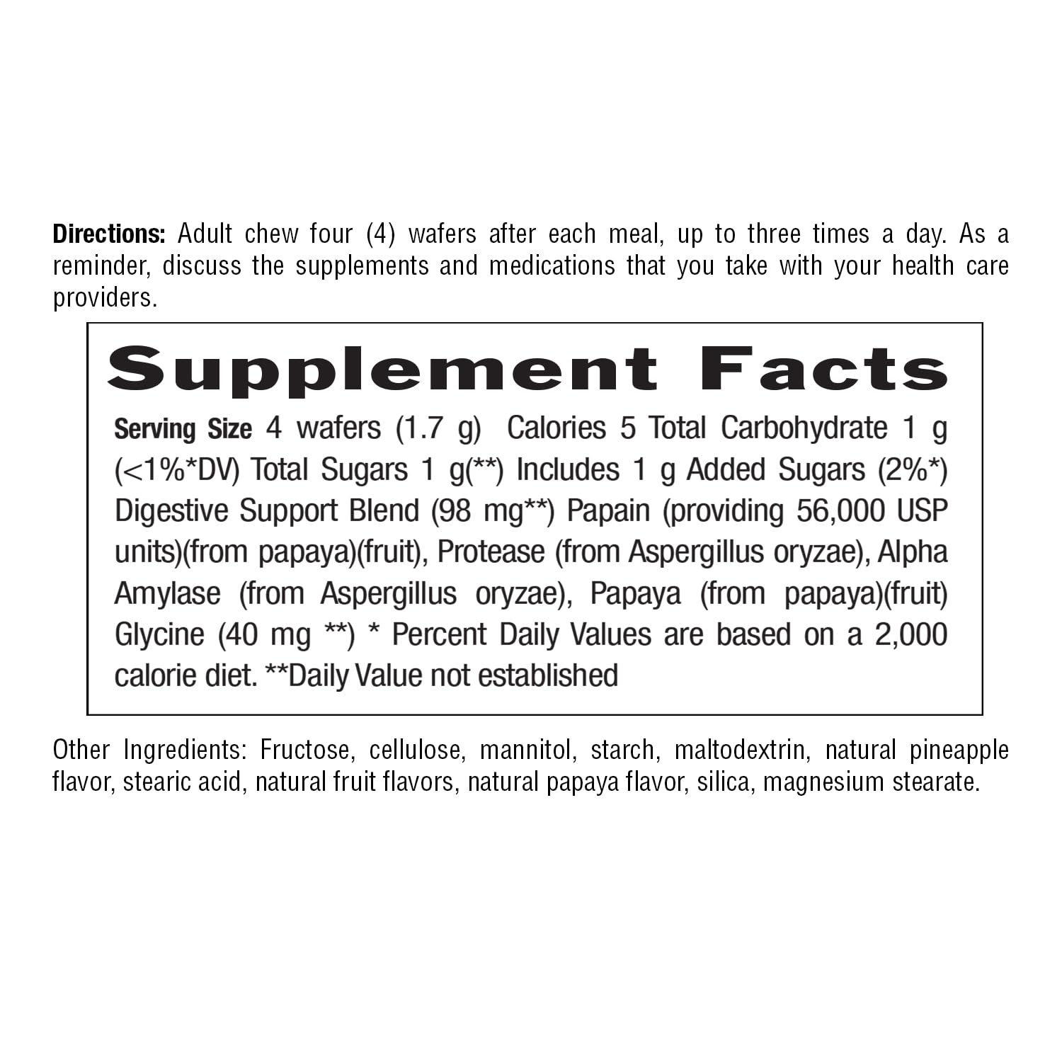 Label highlighting Papain, Protease, Alpha Amylase and papaya ingredients