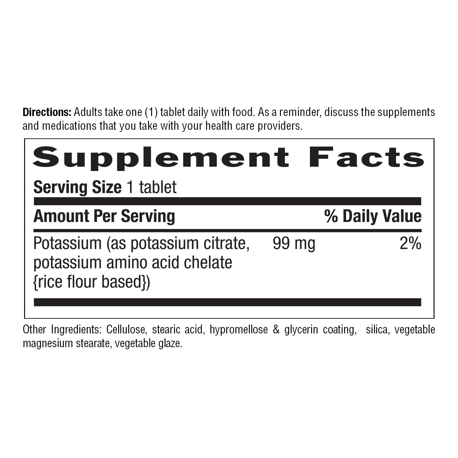 Supplement facts and ingredients panel for Country Life potassium