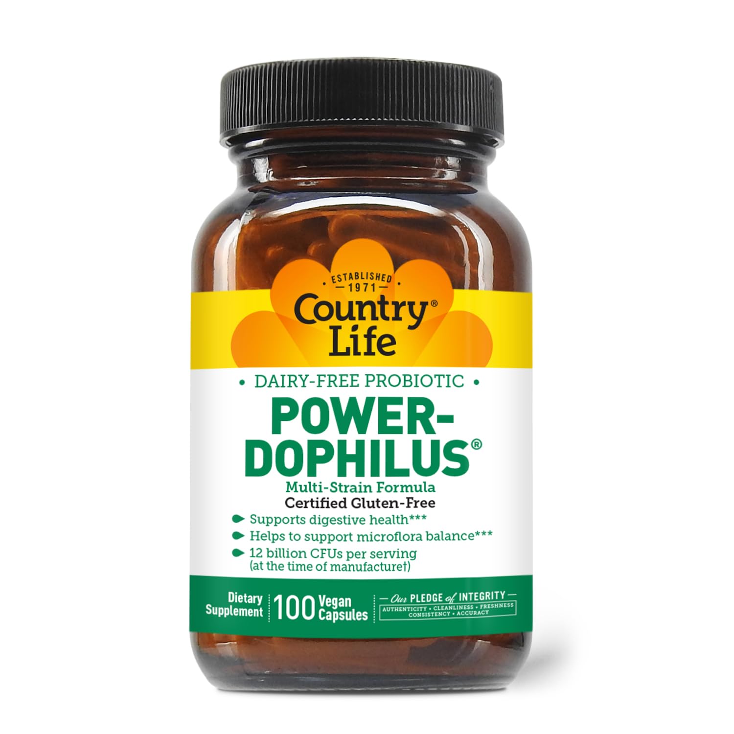 Country Life Power-Dophilus dairy-free probiotic bottle with 12B CFUs and 100 vegan capsules