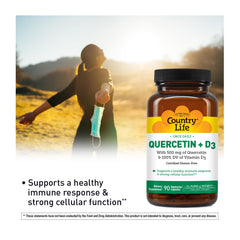 Country Life Quercetin with Vitamin D3 bottle label highlighting 500mg quercetin and 800 IU D3