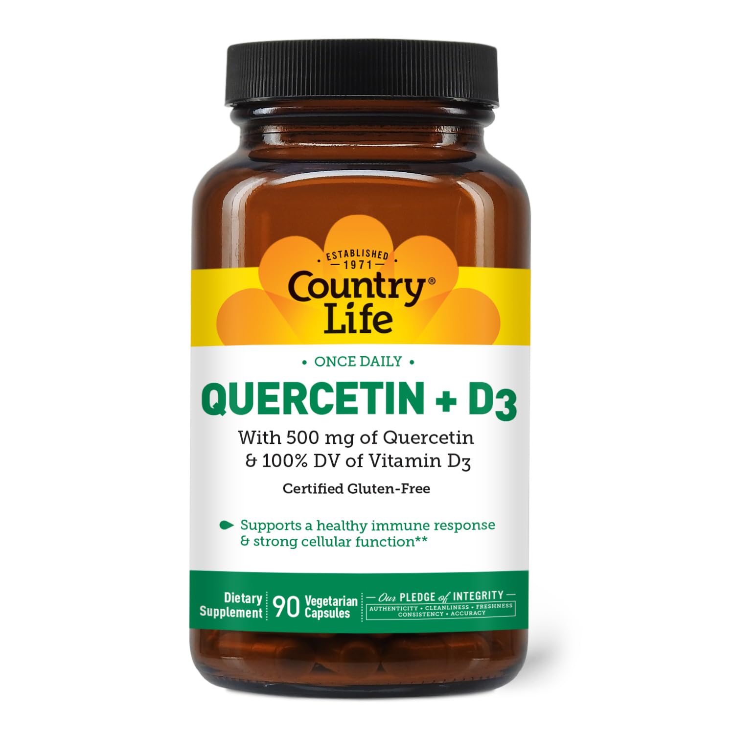Front view of Country Life Quercetin 500mg with Vitamin D3 800 IU capsules
