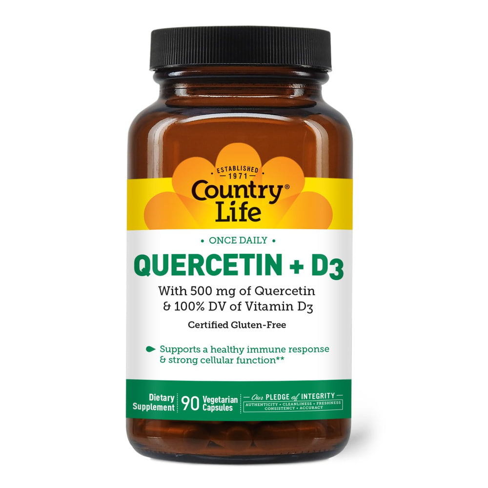 Front view of Country Life Quercetin 500mg with Vitamin D3 800 IU capsules