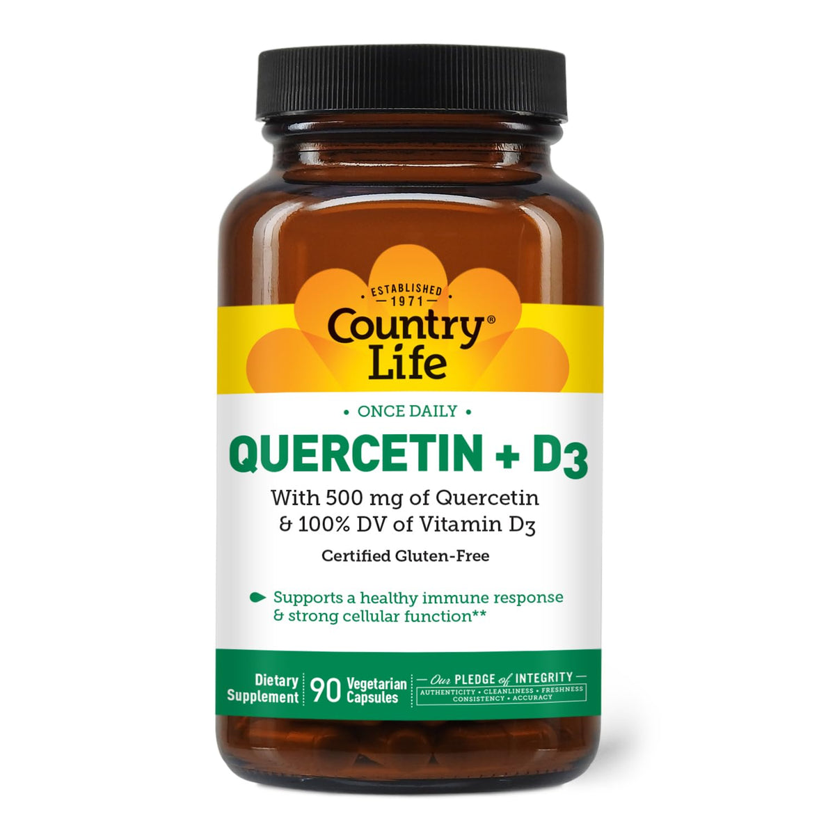 Front view of Country Life Quercetin 500mg with Vitamin D3 800 IU capsules