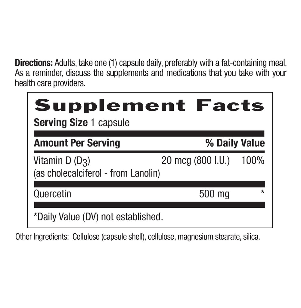 Vegetarian-friendly quercetin-d3 capsules described on packaging