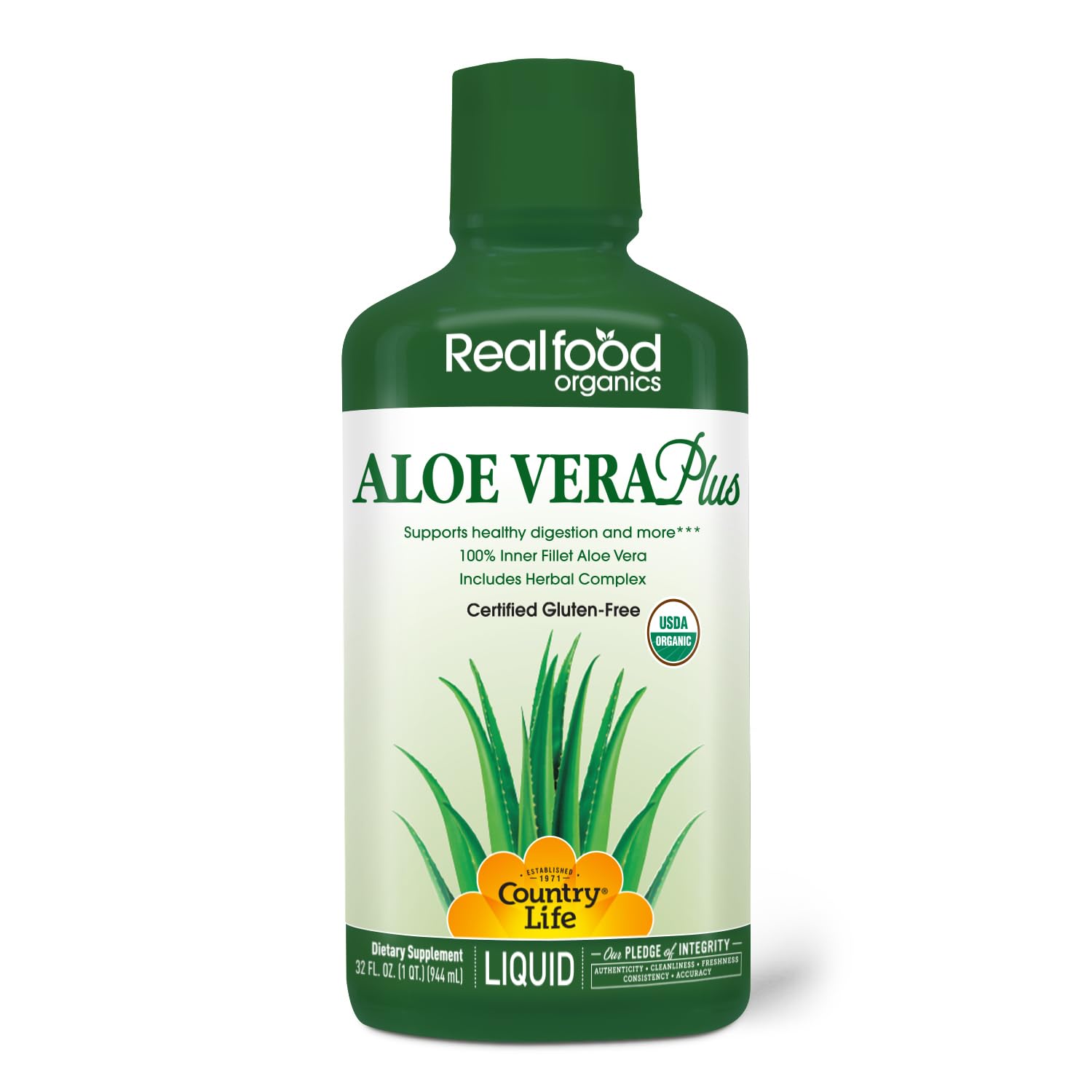 Country Life Realfood Organics Liquid Aloe Vera Plus bottle – 32 oz
