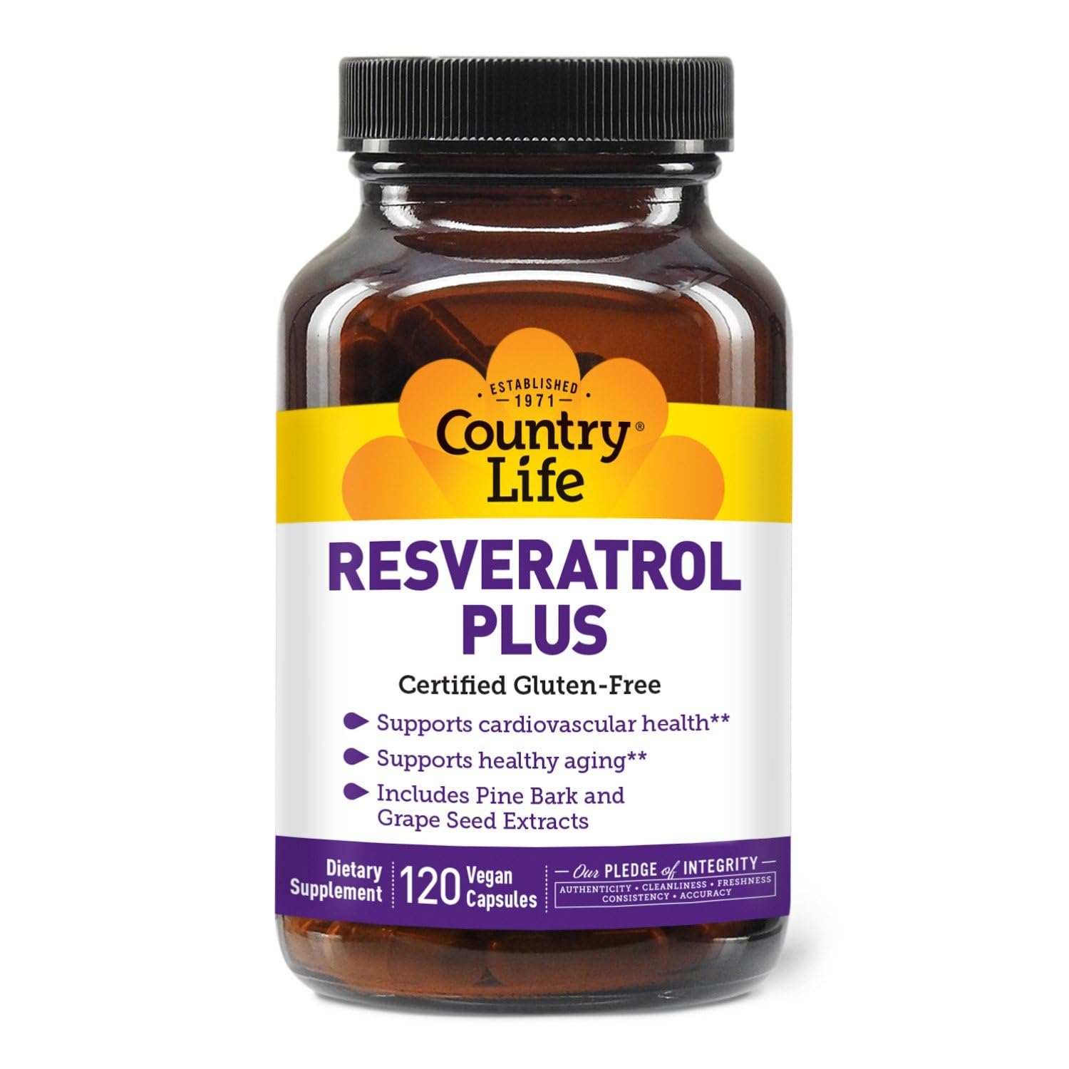 Country Life Resveratrol Plus bottle-front highlighting antioxidant formula for daily wellness.