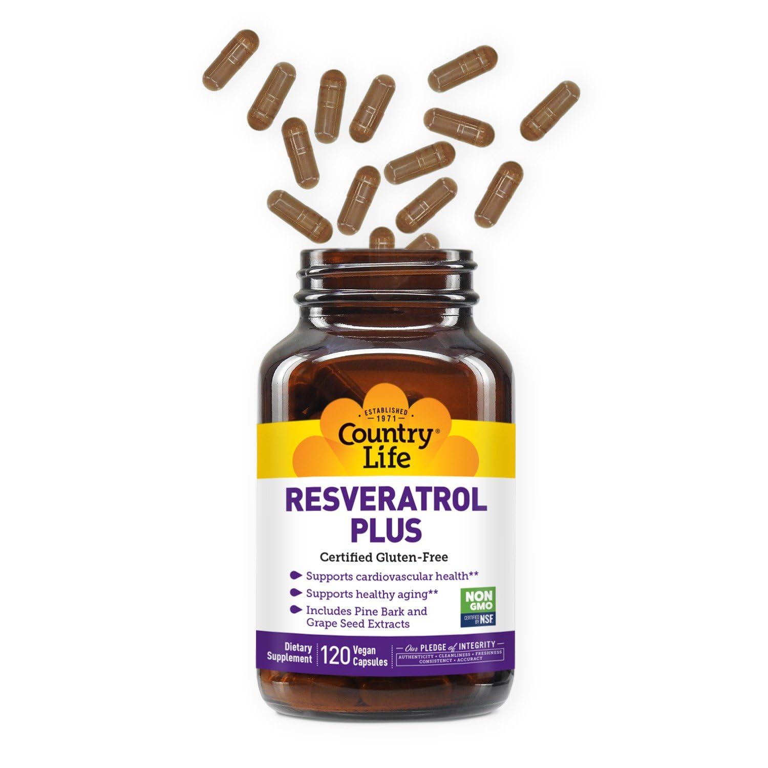 Country Life Resveratrol Plus bottle pouring capsules for easy daily use and aging support.