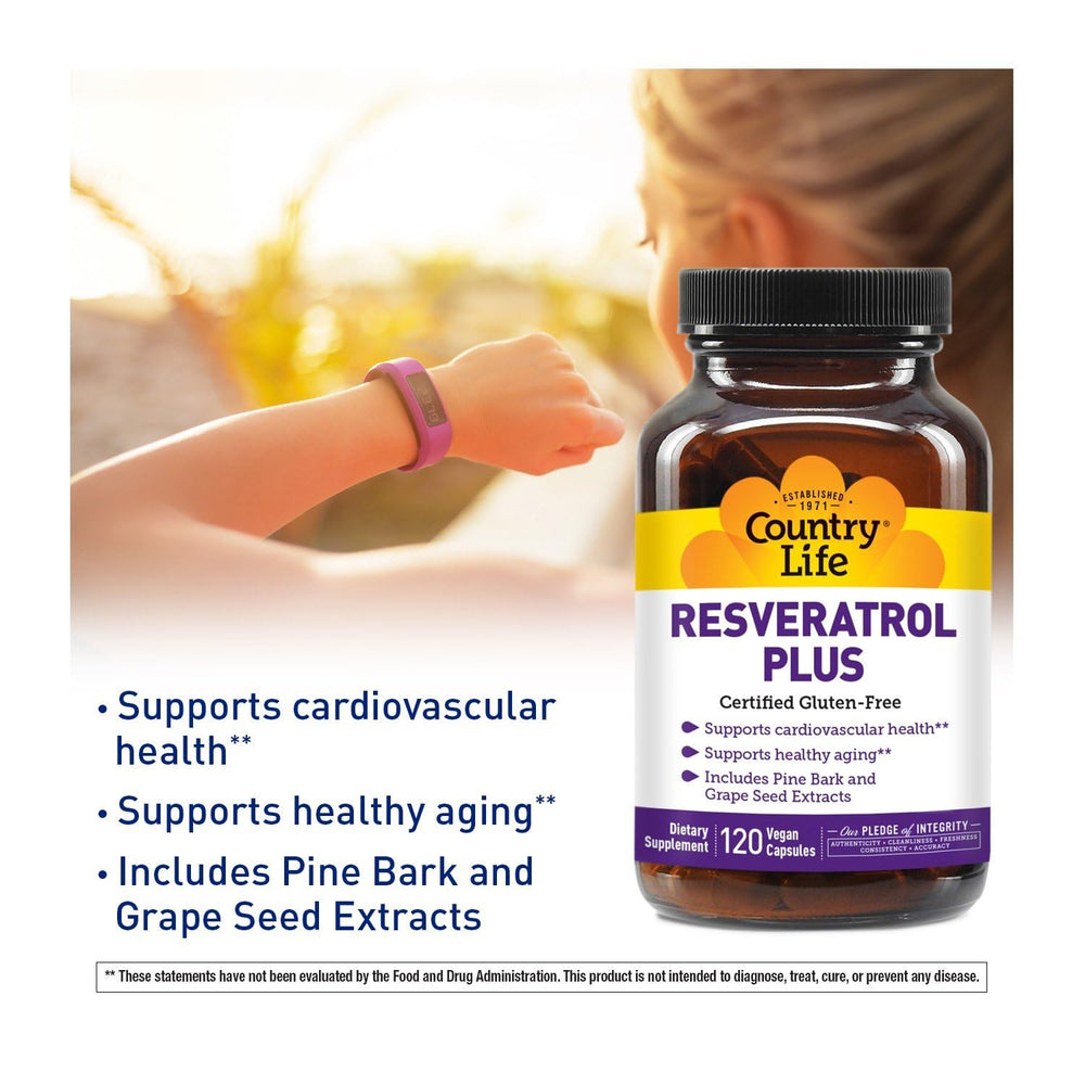 Country Life Resveratrol Plus pine bark image emphasizing natural antioxidant blend.