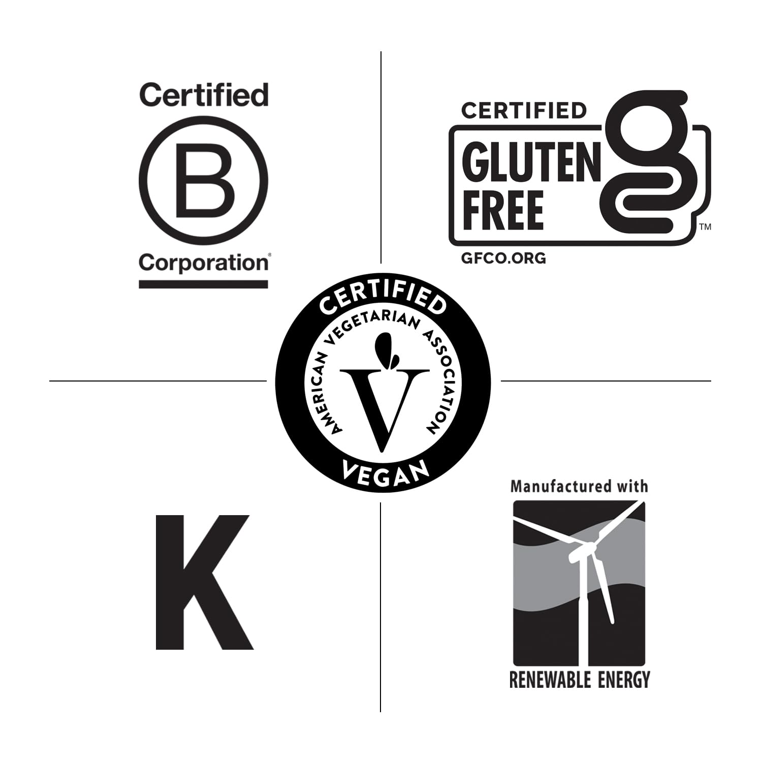 Bottle with packaging showing gluten-free and vegan certifications