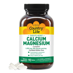 Front view of Country Life Target-Mins Calcium Magnesium Complex bottle, 90 tablets
