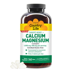 Target-Mins calcium and magnesium supplement for bone health showing 1000 mg calcium and 500 mg magnesium with 2-to-1 ratio