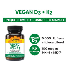 Front label of Country Life Vegan D3 + K2 bottle