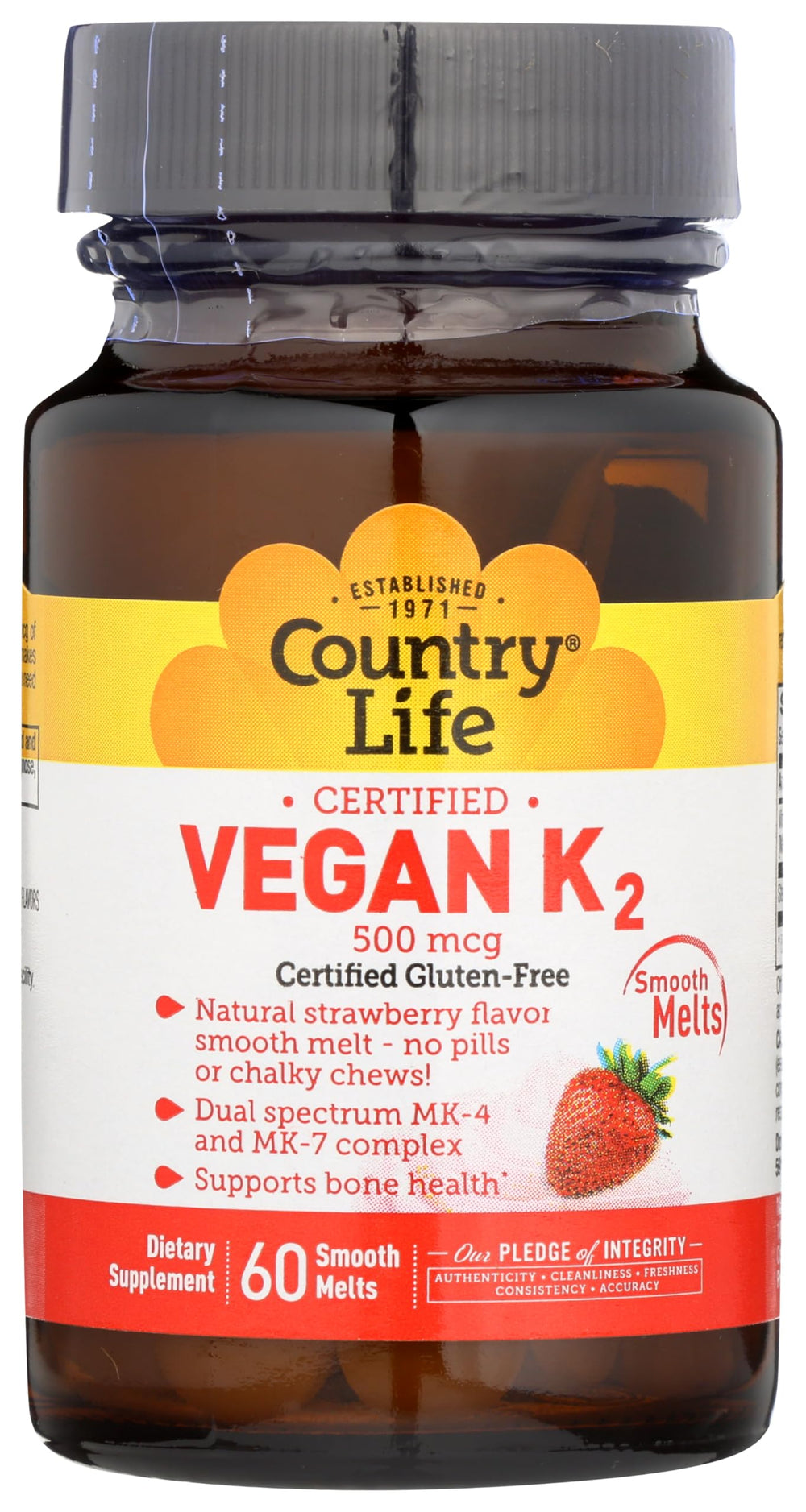Country Life Vegan Vitamin K2 500 mcg dual spectrum MK-4 MK-7 chewables strawberry label close-up