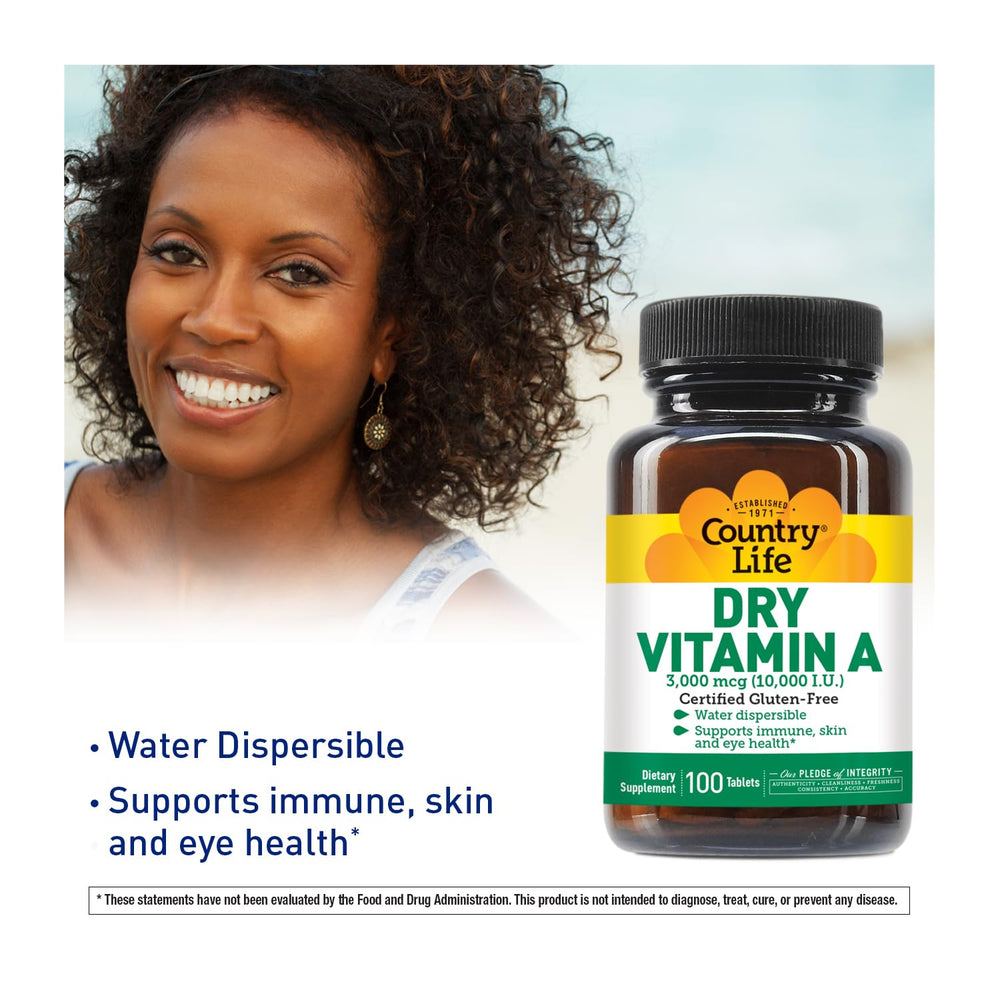 Nutrition facts and ingredients panel for Country Life Vitamin A