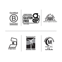 Packaging highlighting gluten-free, vegan, kosher and halal attributes