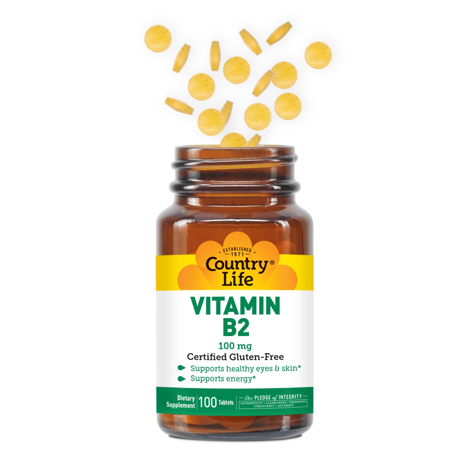 Nutrition facts panel for Country Life Vitamin B2 100mg