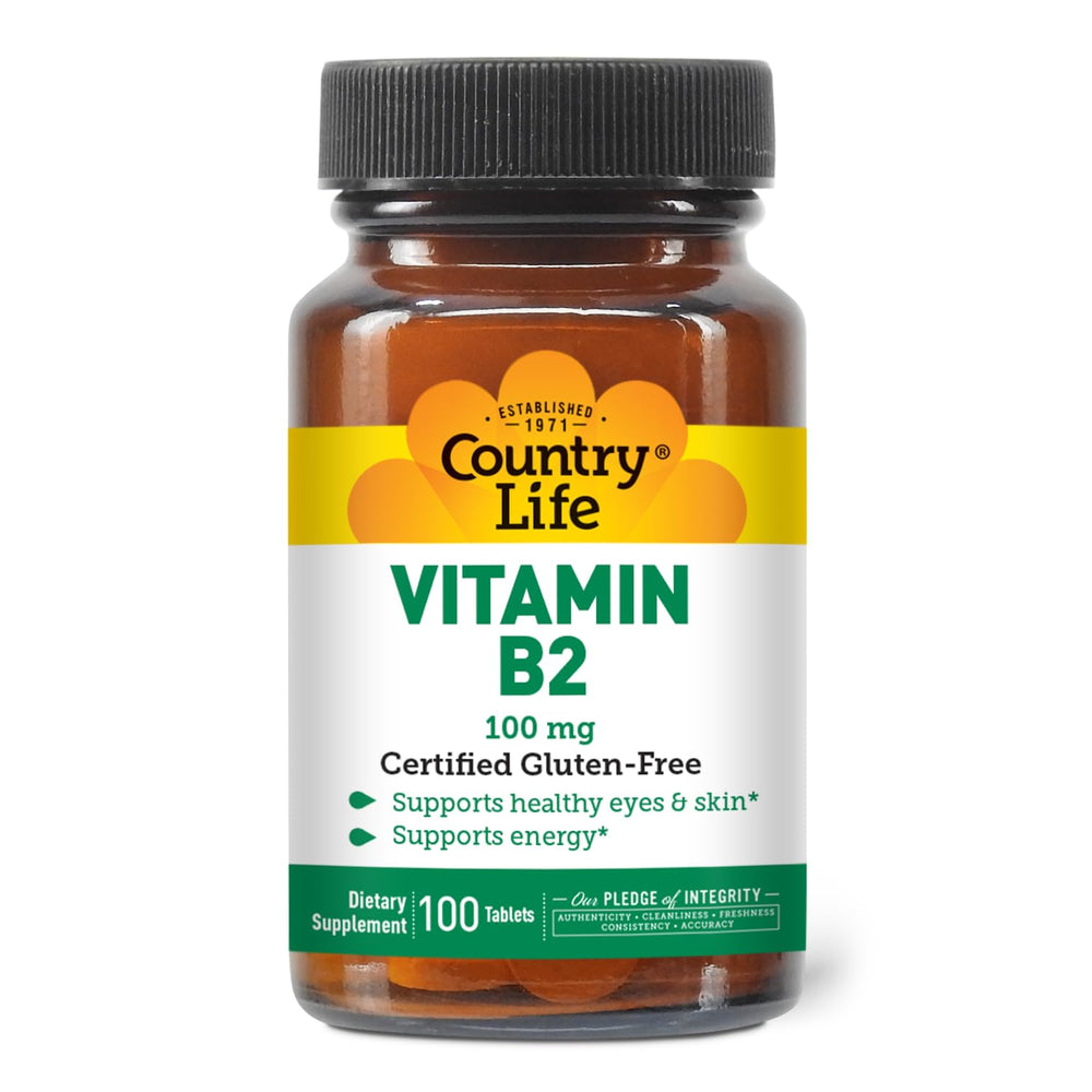 Front view of Country Life Vitamin B2 100mg bottle with label